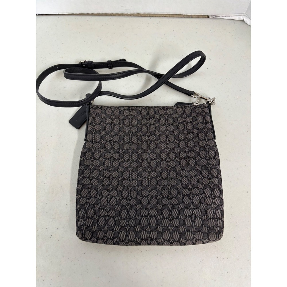 Coach Signature Jacquard Crossbody Bag Grey Black Leather F1432 52576‎ Messenger - Picture 2 of 7